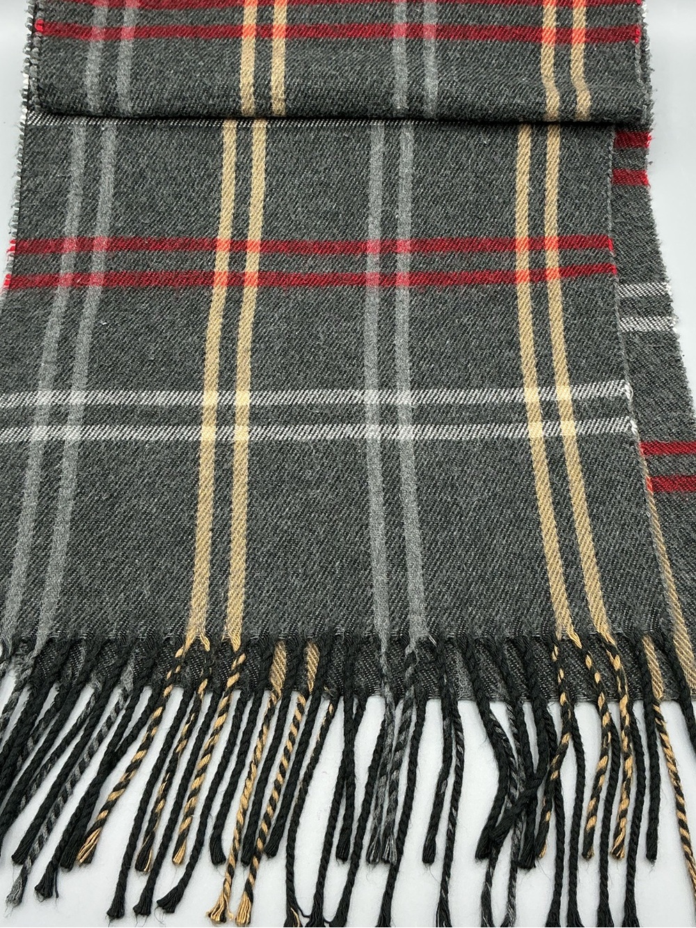 Classic Gray Plaid Fringe Men's Scarf - Gray with Red & Tan Accents